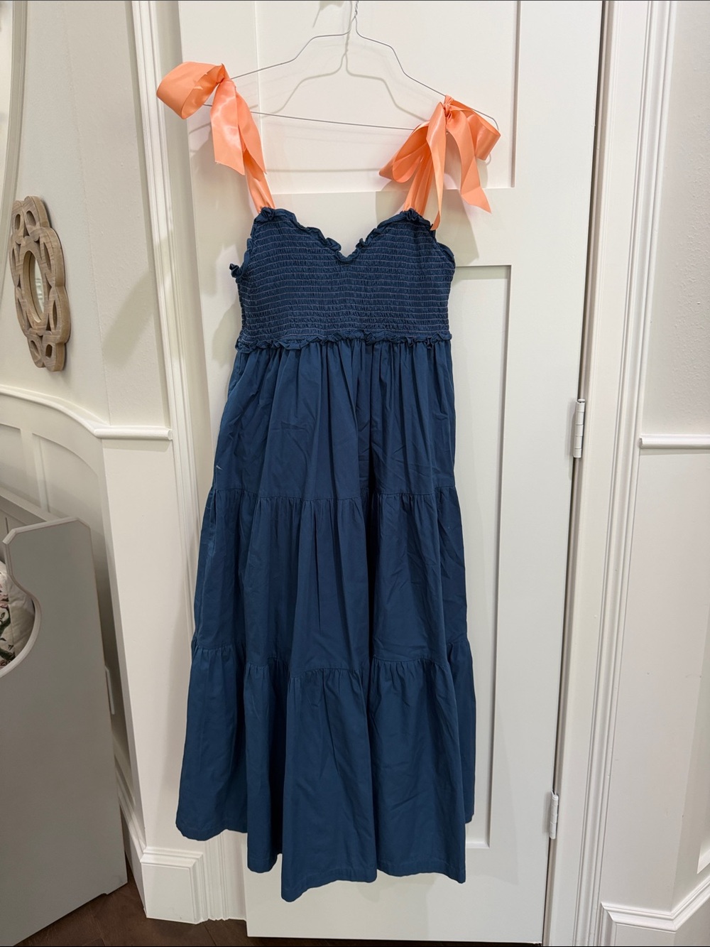 TCEC Navy Tiered Midi Dress with Coral Tie Straps